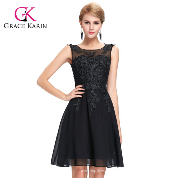 Grace Karin Ärmelloses Crew Neck Schwarzes Chiffon Kurzes Abschlussball-Kleid GK000063-1